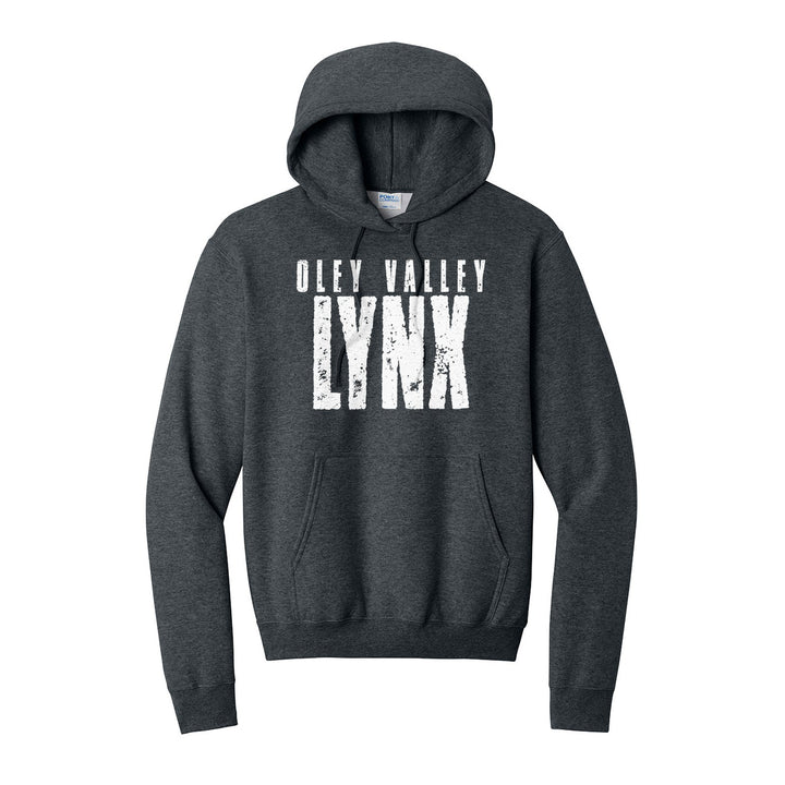 Oley Valley Lynx Distressed Block hoodie in Dark Heather Grey: OLEY VALLEY over tall, distressed LYNX lettering