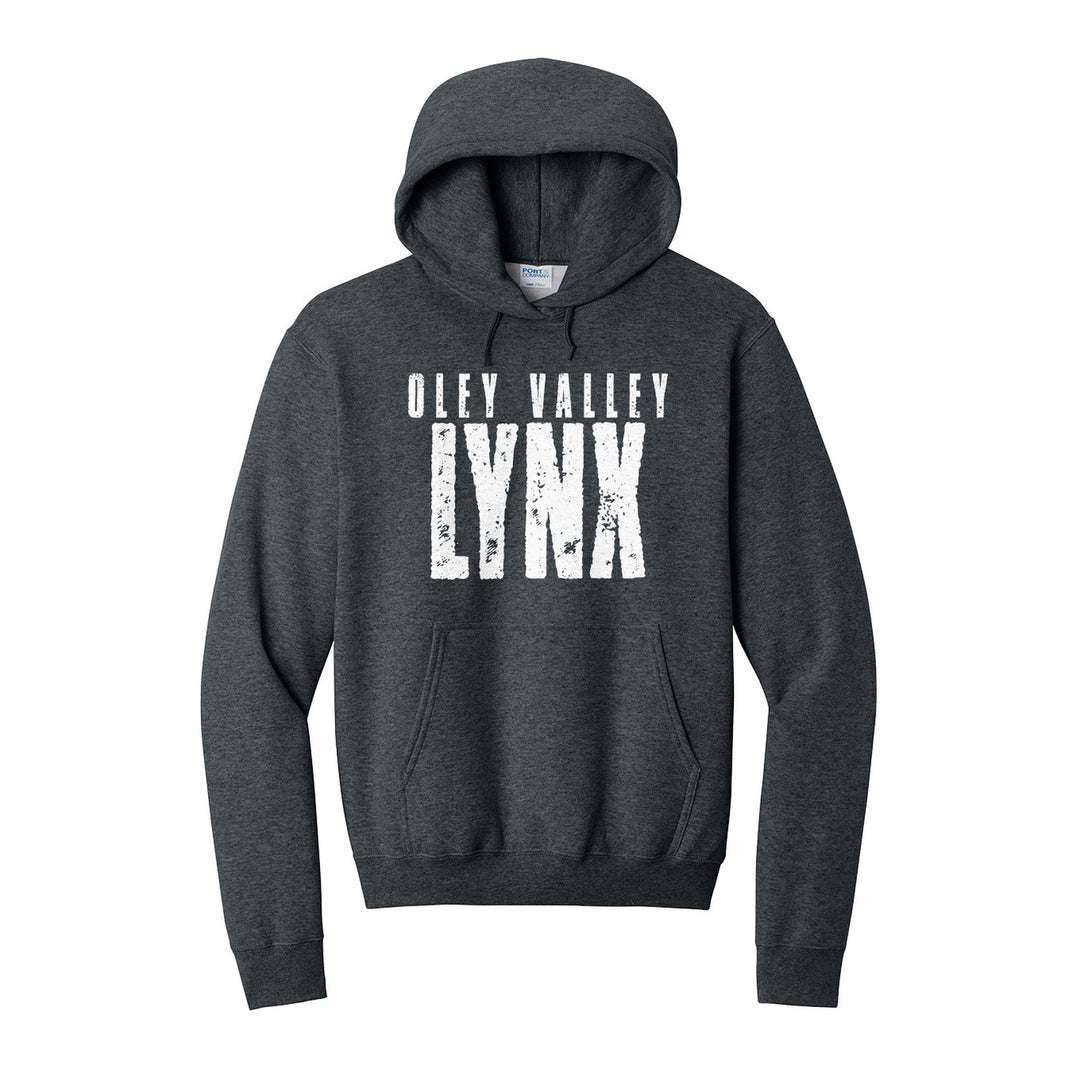 Oley Valley Lynx Distressed Block hoodie in Dark Heather Grey: OLEY VALLEY over tall, distressed LYNX lettering