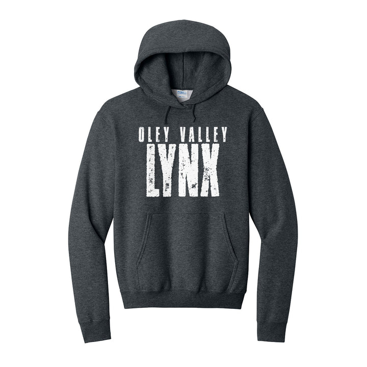 Oley Valley Lynx Distressed Block hoodie in Dark Heather Grey: OLEY VALLEY over tall, distressed LYNX lettering