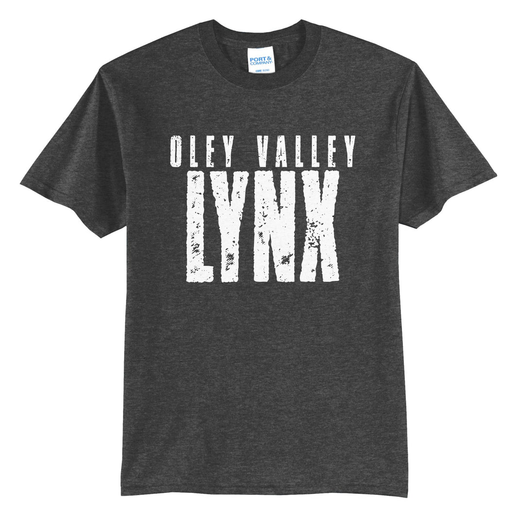 Oley Valley Lynx Distressed Block t-shirt in Dark Heather Grey: OLEY VALLEY over tall, distressed LYNX lettering