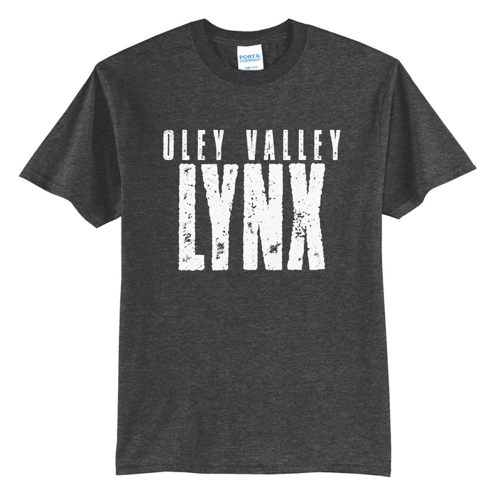 Oley Valley Lynx Distressed Block t-shirt in Dark Heather Grey: OLEY VALLEY over tall, distressed LYNX lettering