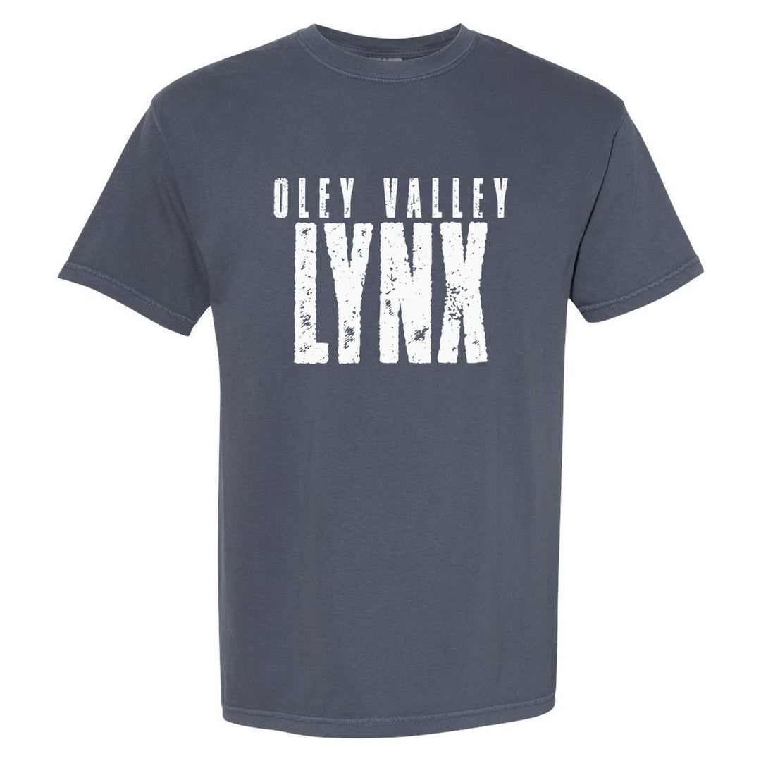 Oley Valley Lynx Distressed Block comfort colors t-shirt in Denim: OLEY VALLEY over tall, distressed LYNX lettering