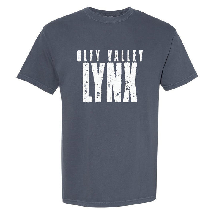 Oley Valley Lynx Distressed Block comfort colors t-shirt in Denim: OLEY VALLEY over tall, distressed LYNX lettering