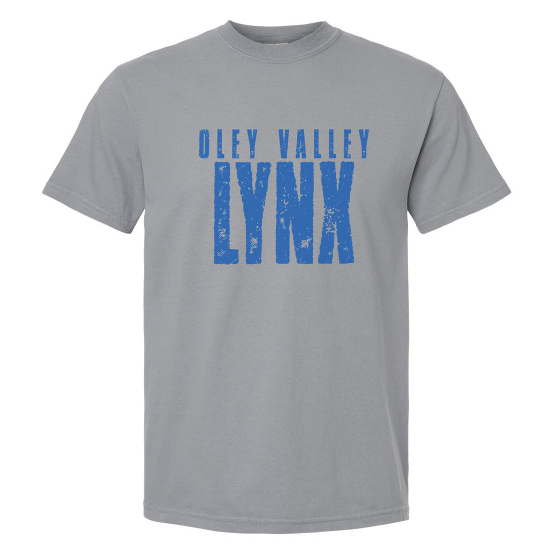 Oley Valley Lynx Distressed Block comfort colors t-shirt in Granite: OLEY VALLEY over tall, distressed LYNX lettering