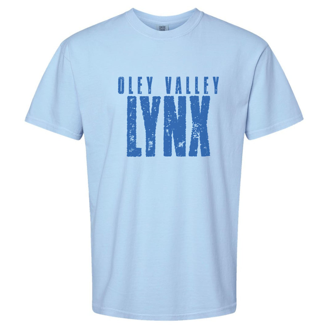 Oley Valley Lynx Distressed Block comfort colors t-shirt in Hydrangea: OLEY VALLEY over tall, distressed LYNX lettering