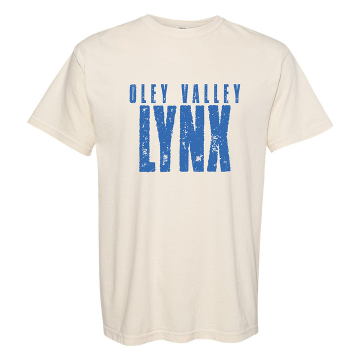 Oley Valley Lynx Distressed Block comfort colors t-shirt in Ivory: OLEY VALLEY over tall, distressed LYNX lettering
