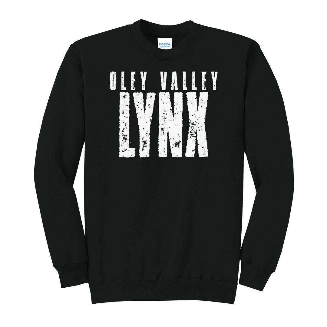Oley Valley Lynx Distressed Block crewneck sweatshirt in Jet Black: OLEY VALLEY over tall, distressed LYNX lettering