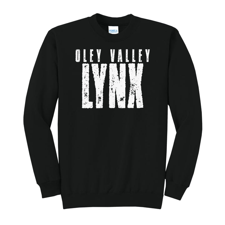 Oley Valley Lynx Distressed Block crewneck sweatshirt in Jet Black: OLEY VALLEY over tall, distressed LYNX lettering