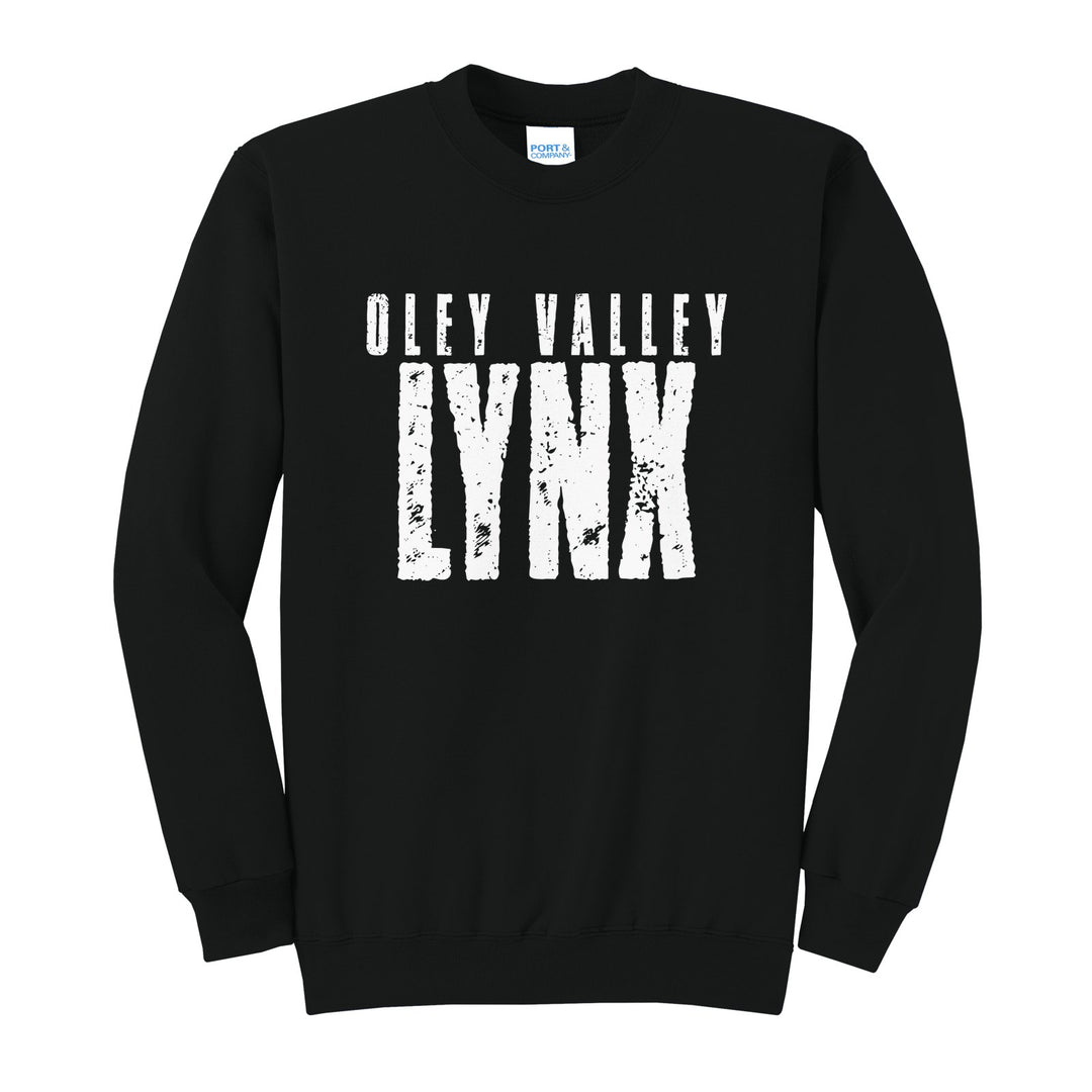 Oley Valley Lynx Distressed Block crewneck sweatshirt in Jet Black: OLEY VALLEY over tall, distressed LYNX lettering
