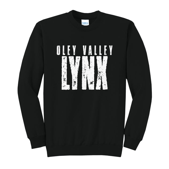 Oley Valley Lynx Distressed Block crewneck sweatshirt in Jet Black: OLEY VALLEY over tall, distressed LYNX lettering