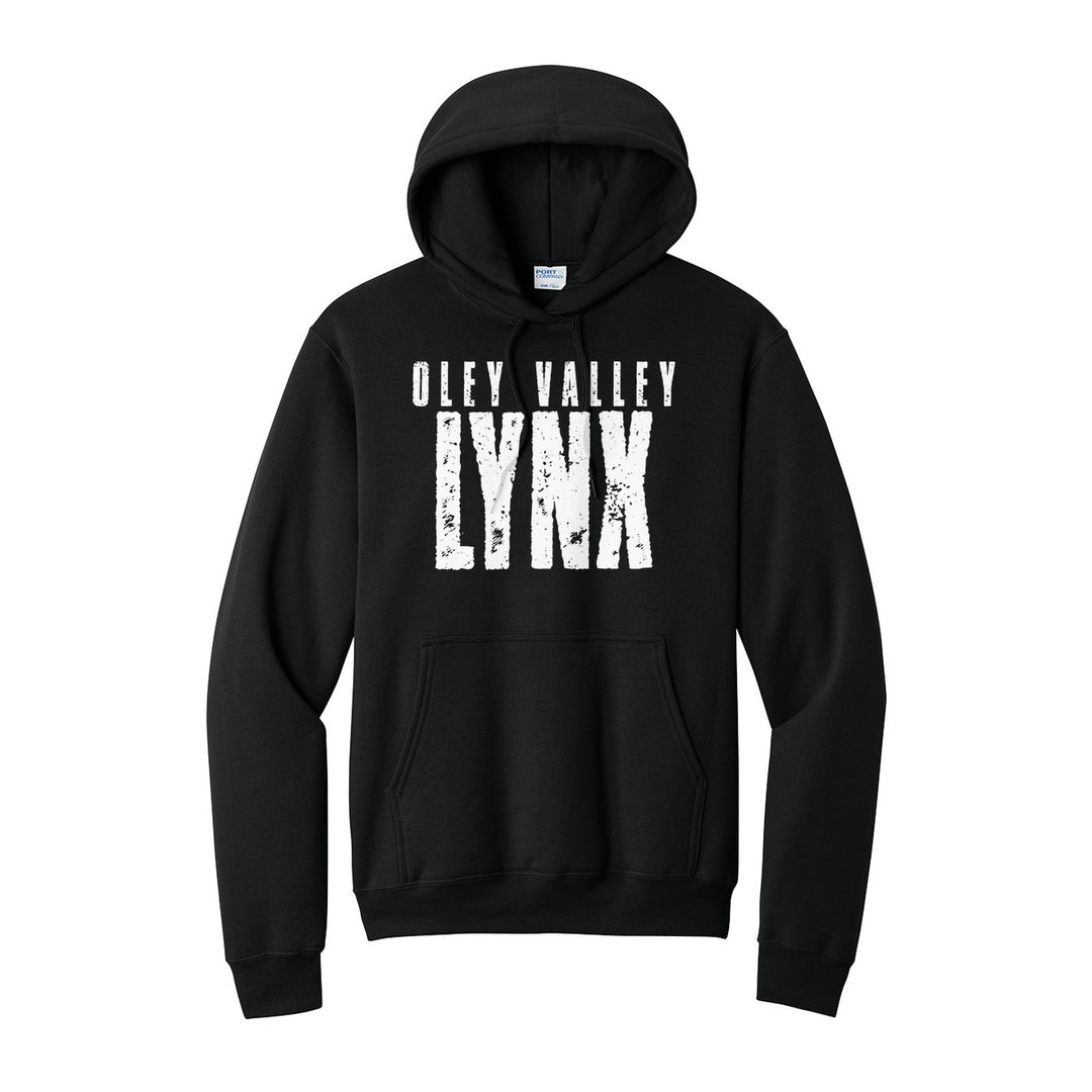 Oley Valley Lynx Distressed Block hoodie in Jet Black: OLEY VALLEY over tall, distressed LYNX lettering