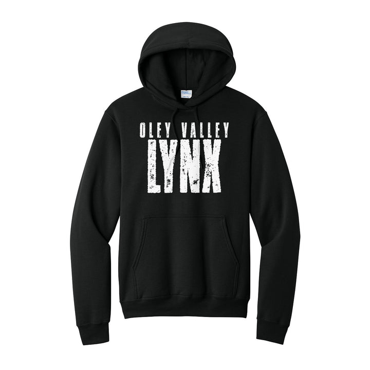 Oley Valley Lynx Distressed Block hoodie in Jet Black: OLEY VALLEY over tall, distressed LYNX lettering