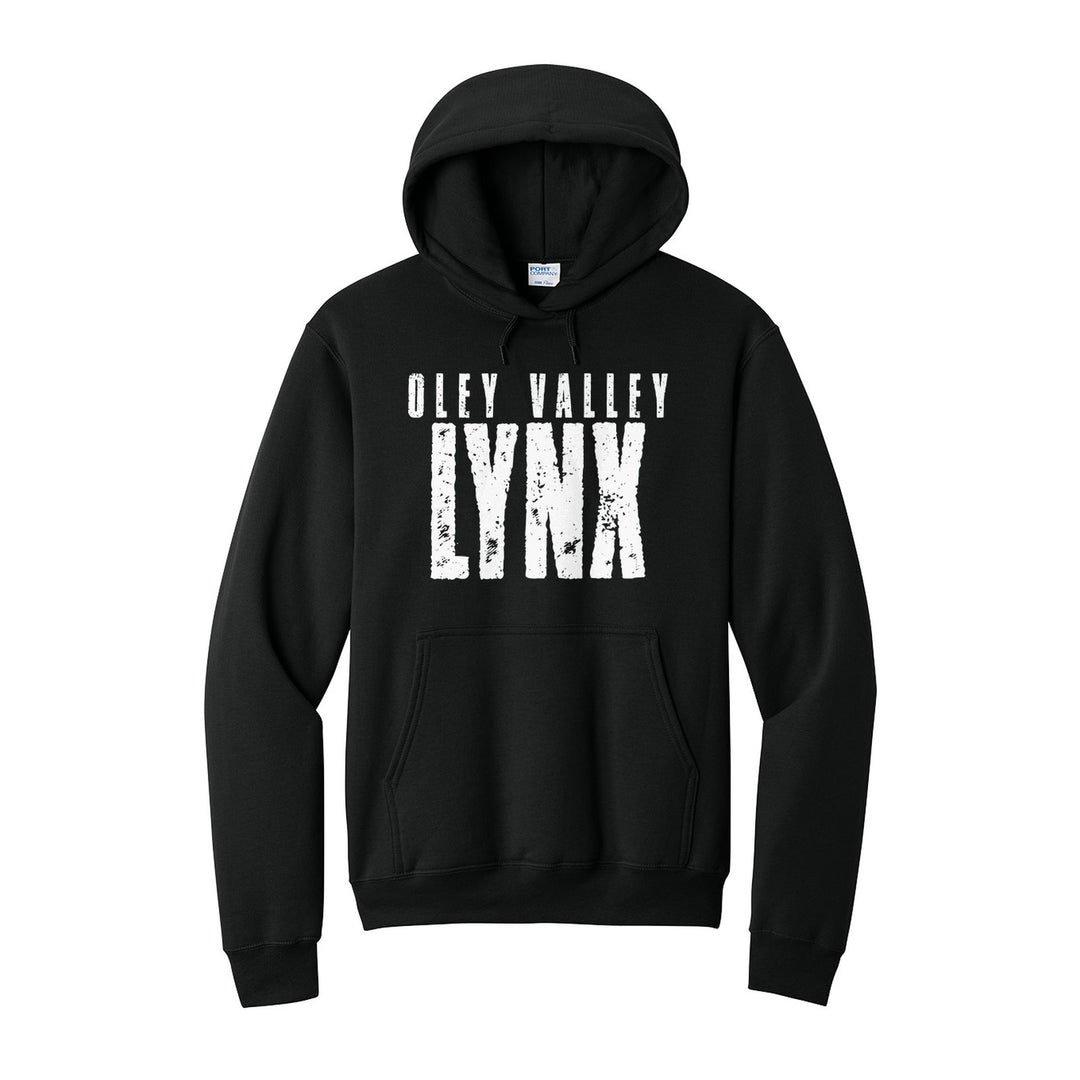 Oley Valley Lynx Distressed Block hoodie in Jet Black: OLEY VALLEY over tall, distressed LYNX lettering