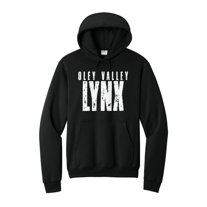 Oley Valley Lynx Distressed Block hoodie in Jet Black: OLEY VALLEY over tall, distressed LYNX lettering