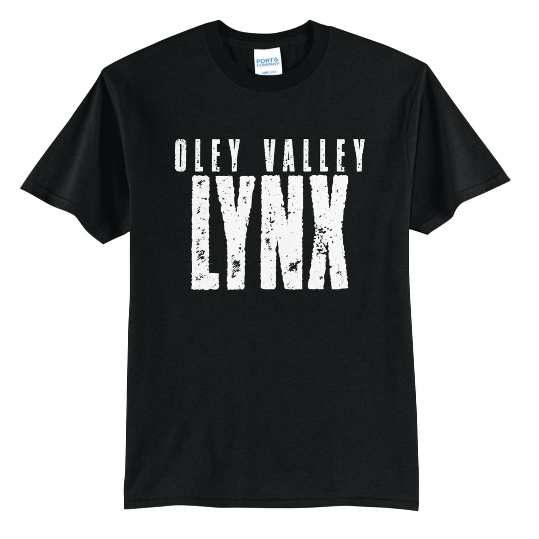 Oley Valley Lynx Distressed Block t-shirt in Jet Black: OLEY VALLEY over tall, distressed LYNX lettering