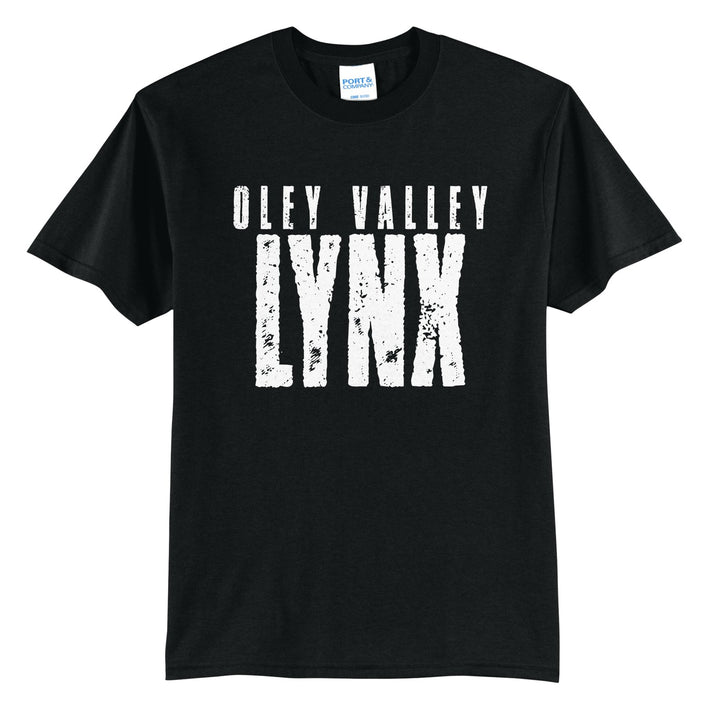 Oley Valley Lynx Distressed Block t-shirt in Jet Black: OLEY VALLEY over tall, distressed LYNX lettering