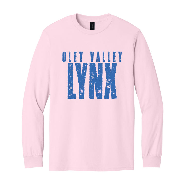 Oley Valley Lynx Distressed Block long sleeve t-shirt in Light Pink: OLEY VALLEY over tall, distressed LYNX lettering
