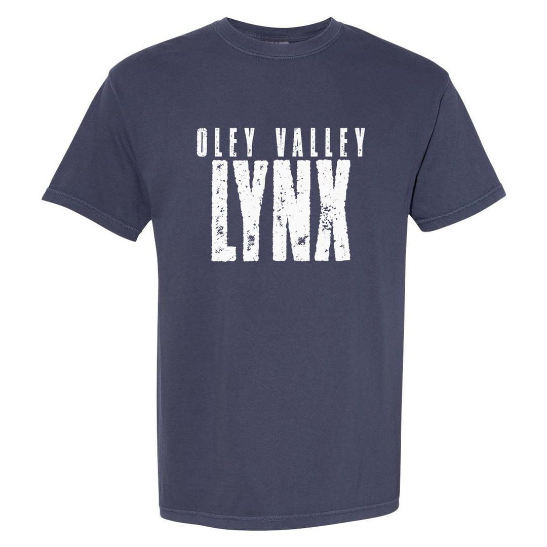 Oley Valley Lynx Distressed Block comfort colors t-shirt in Navy: OLEY VALLEY over tall, distressed LYNX lettering