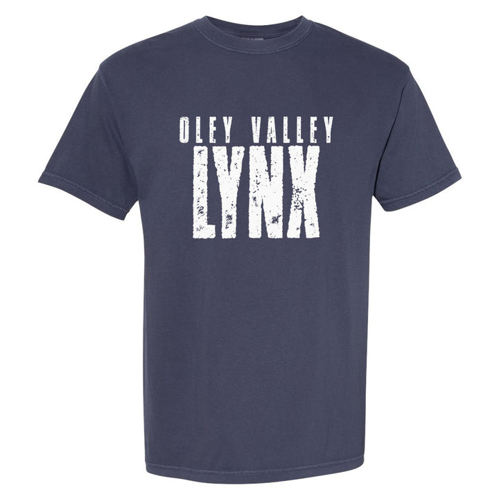 Oley Valley Lynx Distressed Block comfort colors t-shirt in Navy: OLEY VALLEY over tall, distressed LYNX lettering