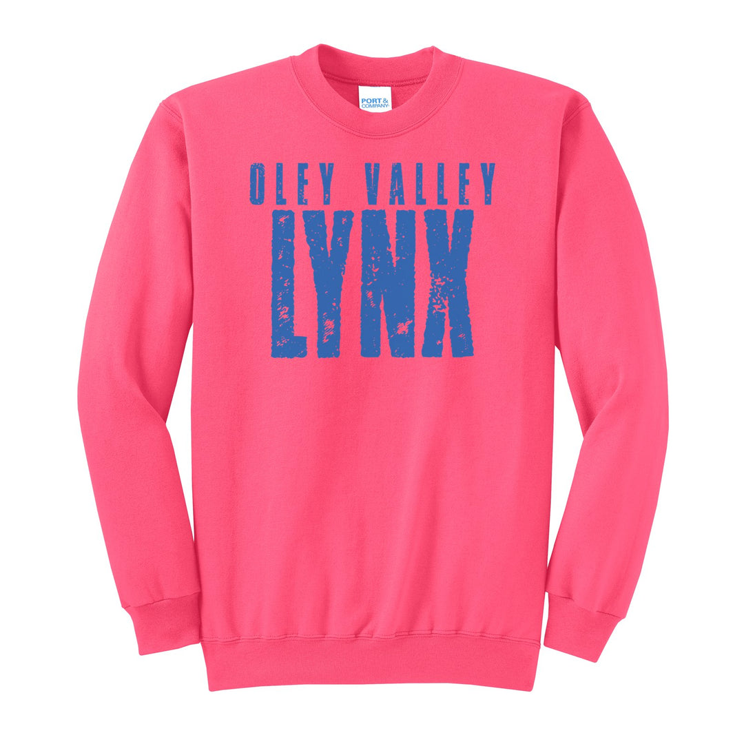 Oley Valley Lynx Distressed Block crewneck sweatshirt in Neon Pink: OLEY VALLEY over tall, distressed LYNX lettering