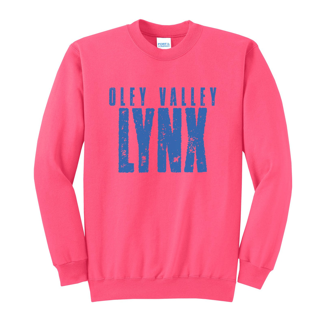 Oley Valley Lynx Distressed Block crewneck sweatshirt in Neon Pink: OLEY VALLEY over tall, distressed LYNX lettering