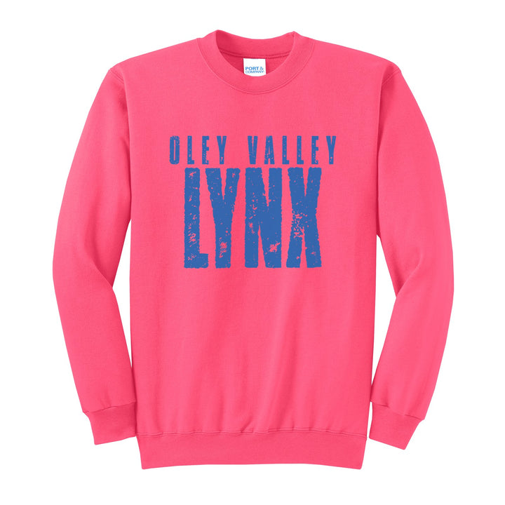 Oley Valley Lynx Distressed Block crewneck sweatshirt in Neon Pink: OLEY VALLEY over tall, distressed LYNX lettering