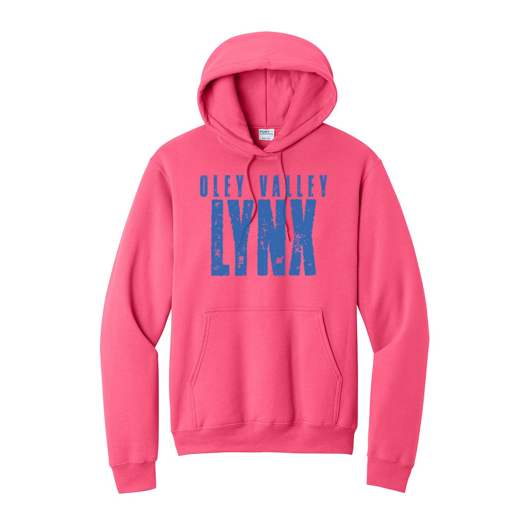Oley Valley Lynx Distressed Block hoodie in Neon Pink: OLEY VALLEY over tall, distressed LYNX lettering