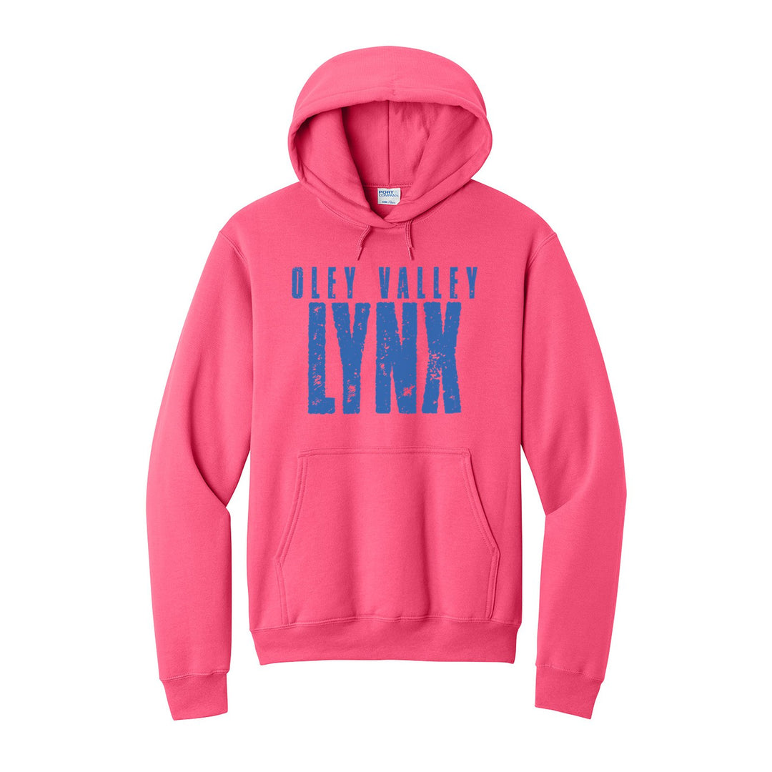 Oley Valley Lynx Distressed Block hoodie in Neon Pink: OLEY VALLEY over tall, distressed LYNX lettering