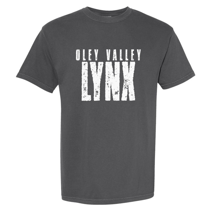 Oley Valley Lynx Distressed Block comfort colors t-shirt in Pepper: OLEY VALLEY over tall, distressed LYNX lettering