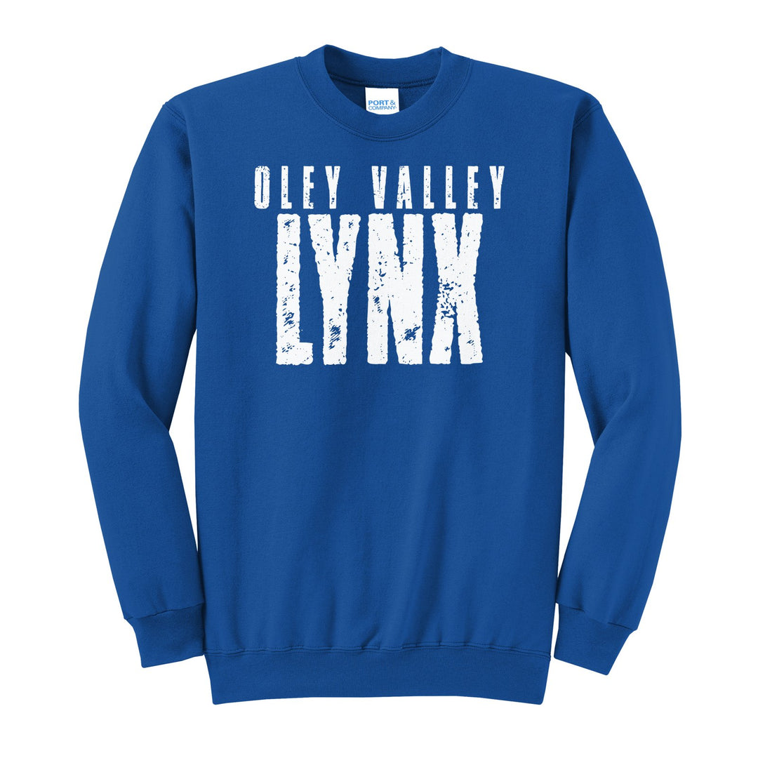Oley Valley Lynx Distressed Block crewneck sweatshirt in Royal: OLEY VALLEY over tall, distressed LYNX lettering