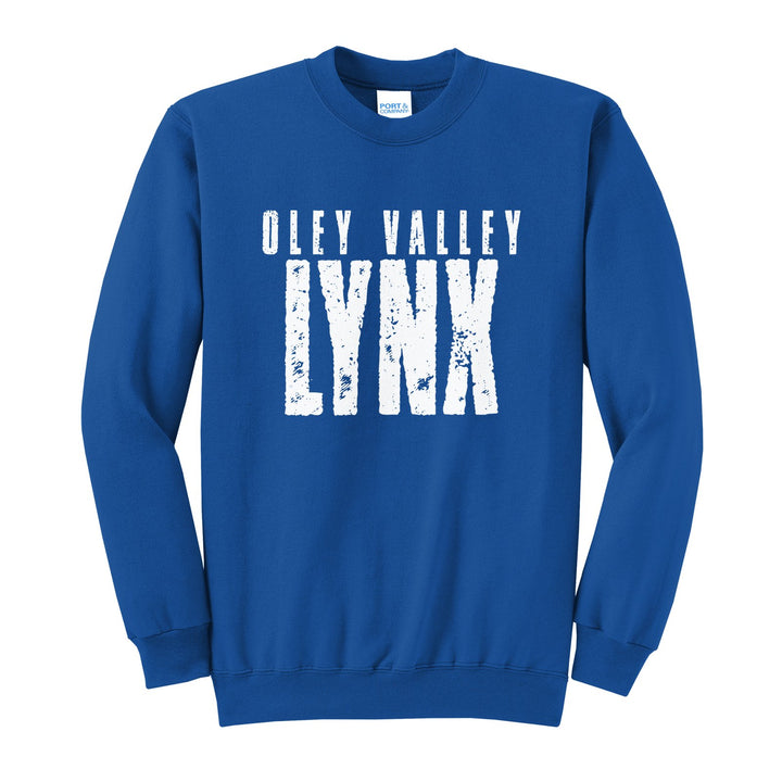 Oley Valley Lynx Distressed Block crewneck sweatshirt in Royal: OLEY VALLEY over tall, distressed LYNX lettering