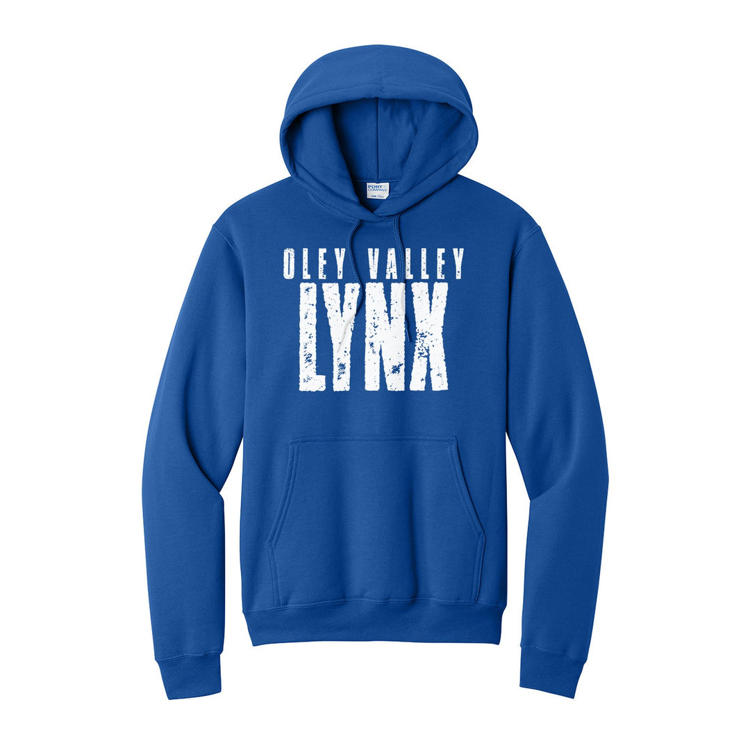 Oley Valley Lynx Distressed Block hoodie in Royal: OLEY VALLEY over tall, distressed LYNX lettering