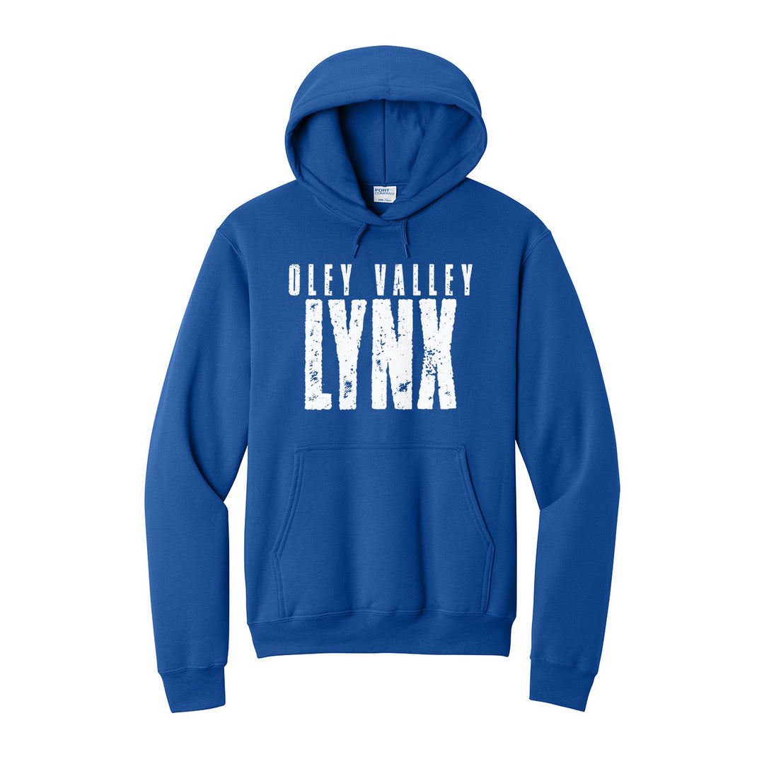 Oley Valley Lynx Distressed Block hoodie in Royal: OLEY VALLEY over tall, distressed LYNX lettering