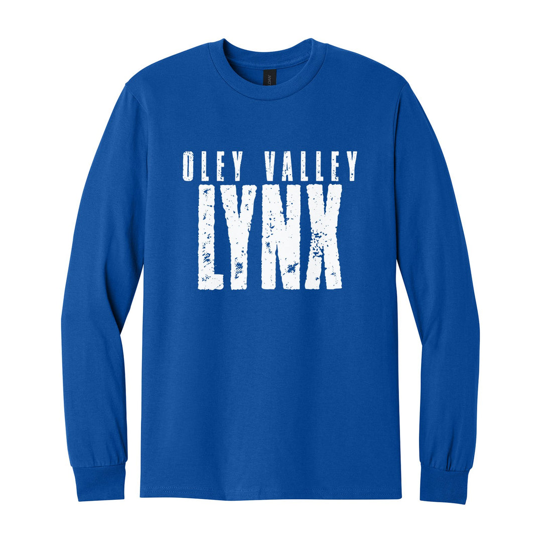 Oley Valley Lynx Distressed Block long sleeve t-shirt in Royal: OLEY VALLEY over tall, distressed LYNX lettering