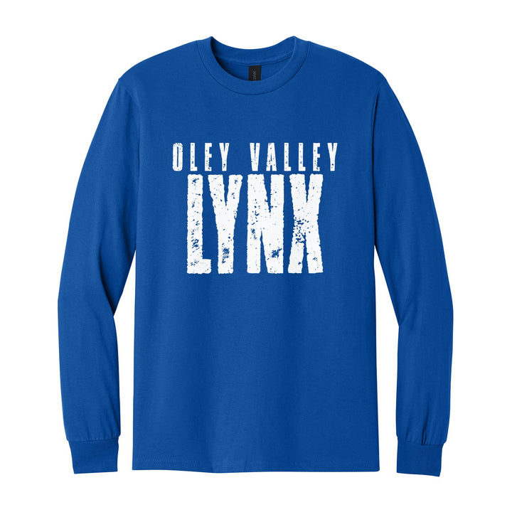 Oley Valley Lynx Distressed Block long sleeve t-shirt in Royal: OLEY VALLEY over tall, distressed LYNX lettering