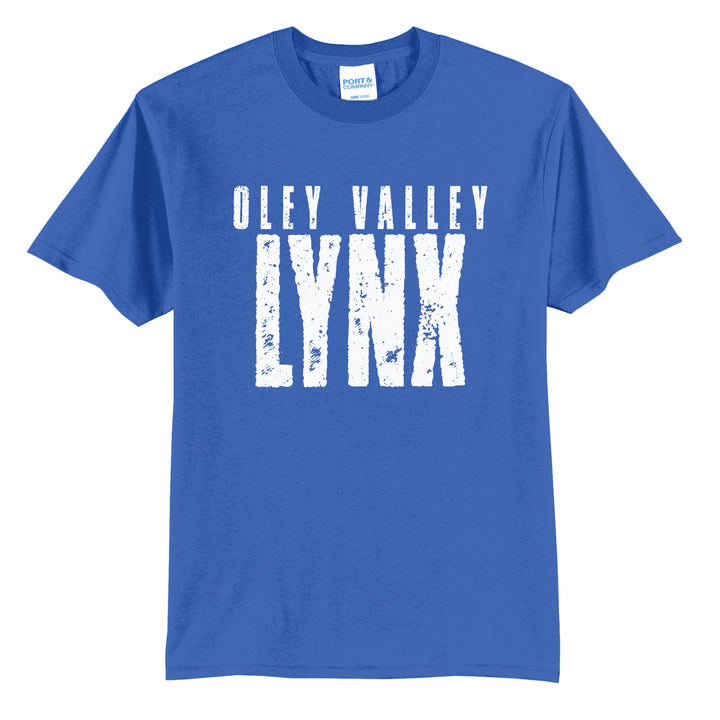 Oley Valley Lynx Distressed Block t-shirt in Royal: OLEY VALLEY over tall, distressed LYNX lettering