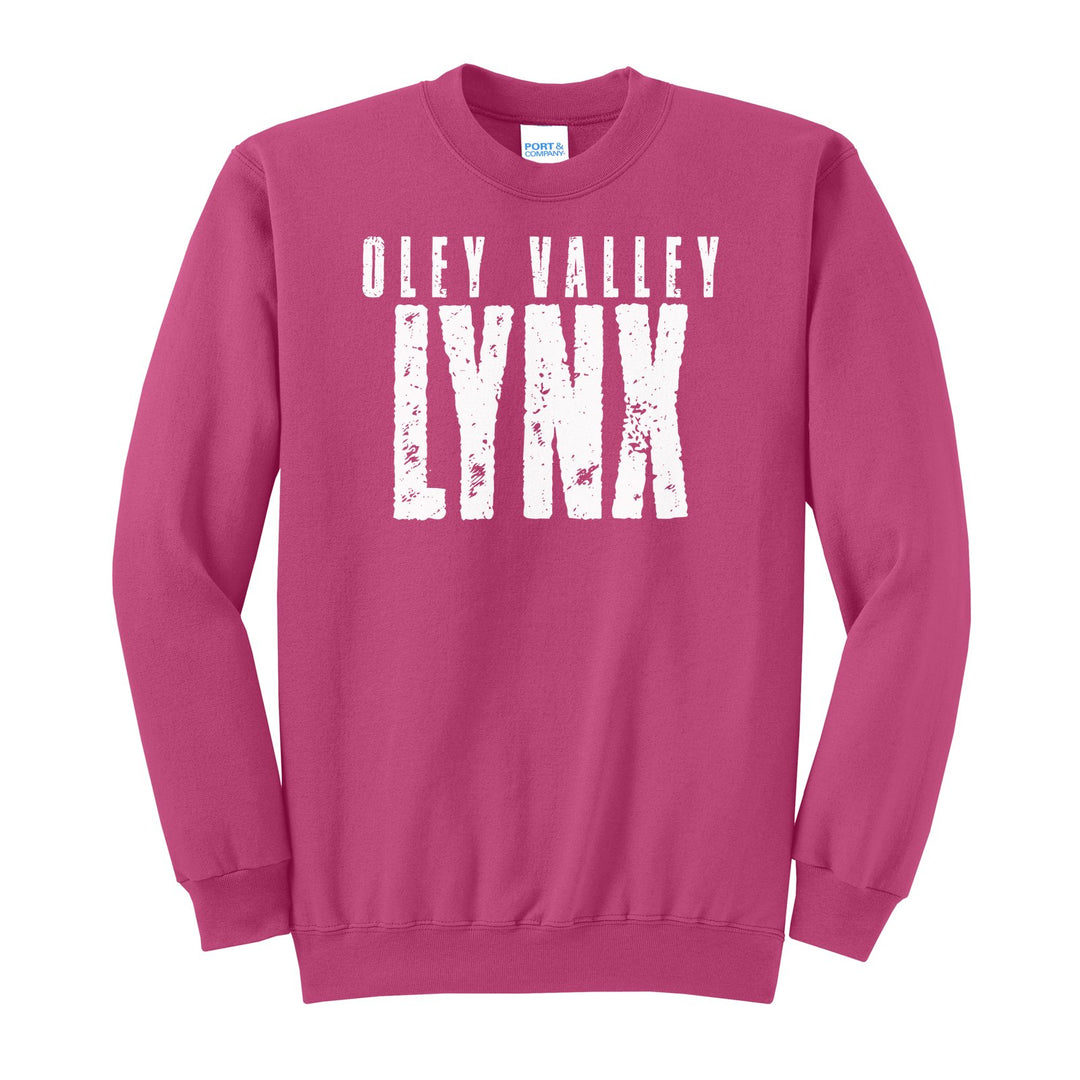 Oley Valley Lynx Distressed Block crewneck sweatshirt in Sangria: OLEY VALLEY over tall, distressed LYNX lettering