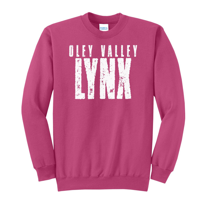 Oley Valley Lynx Distressed Block crewneck sweatshirt in Sangria: OLEY VALLEY over tall, distressed LYNX lettering