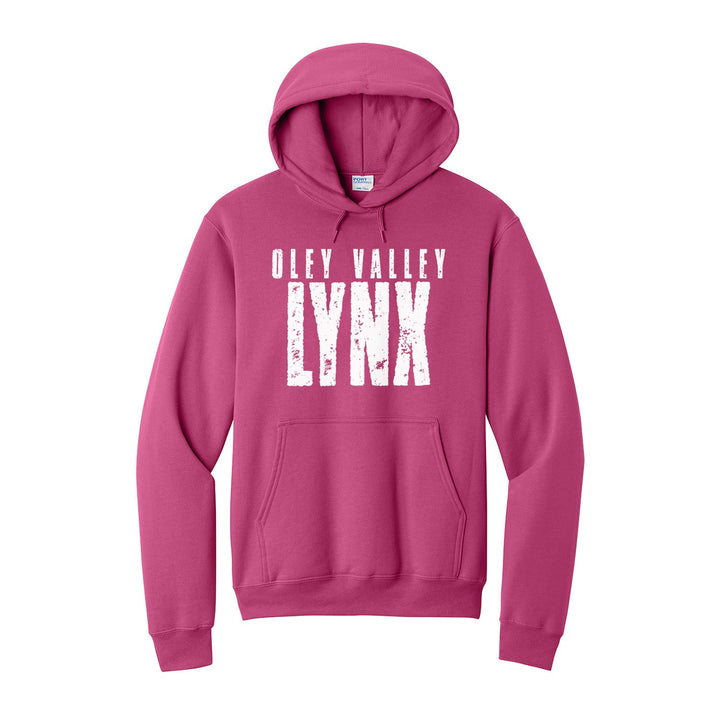 Oley Valley Lynx Distressed Block hoodie in Sangria: OLEY VALLEY over tall, distressed LYNX lettering