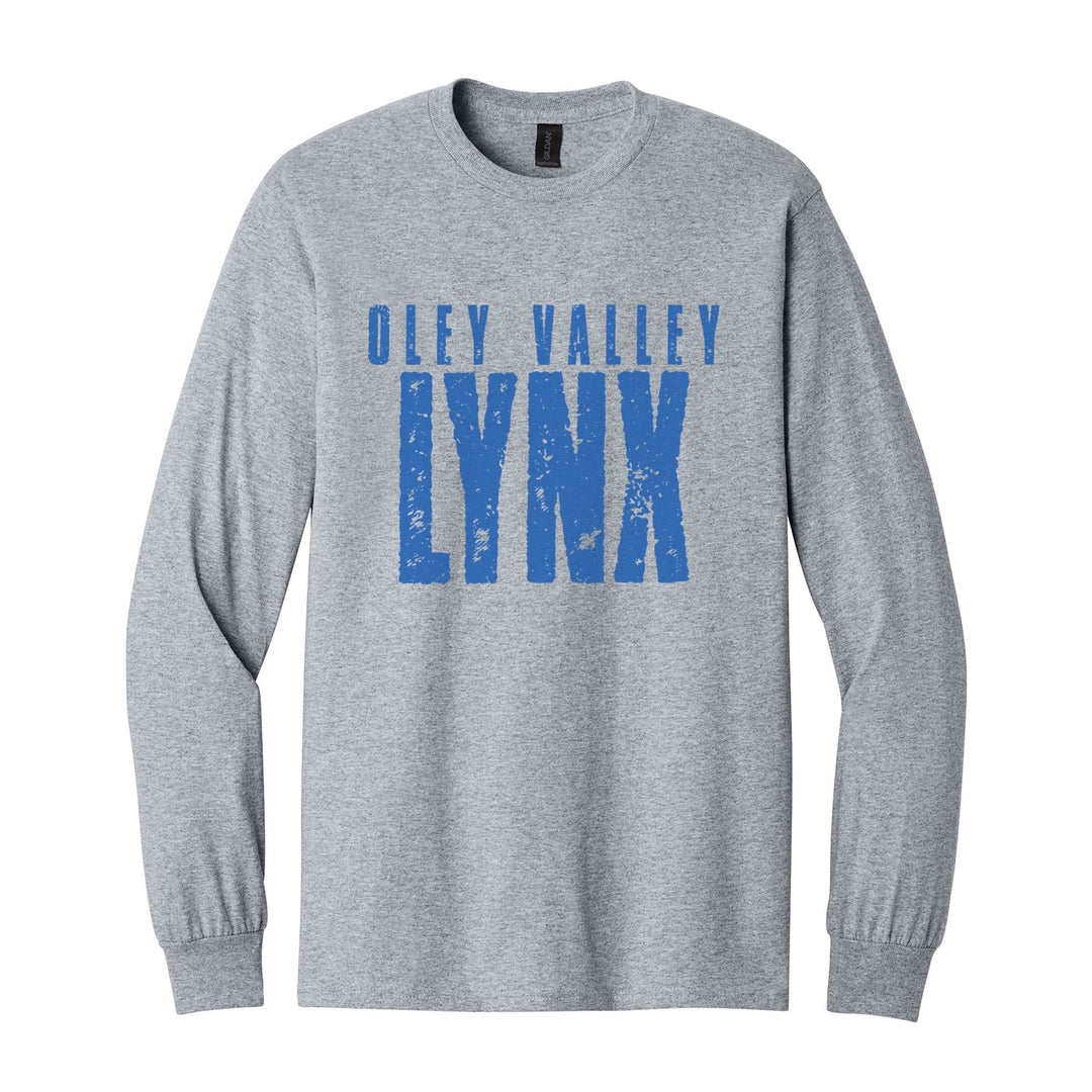 Oley Valley Lynx Distressed Block long sleeve t-shirt in Sport Grey: OLEY VALLEY over tall, distressed LYNX lettering