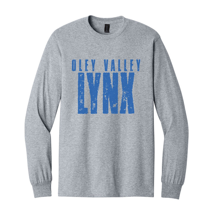 Oley Valley Lynx Distressed Block long sleeve t-shirt in Sport Grey: OLEY VALLEY over tall, distressed LYNX lettering