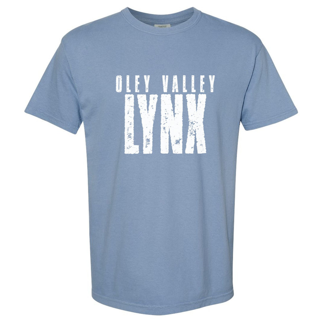 Oley Valley Lynx Distressed Block comfort colors t-shirt in Washed Denim: OLEY VALLEY over tall, distressed LYNX lettering