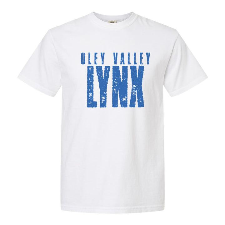 Oley Valley Lynx Distressed Block comfort colors t-shirt in White: OLEY VALLEY over tall, distressed LYNX lettering