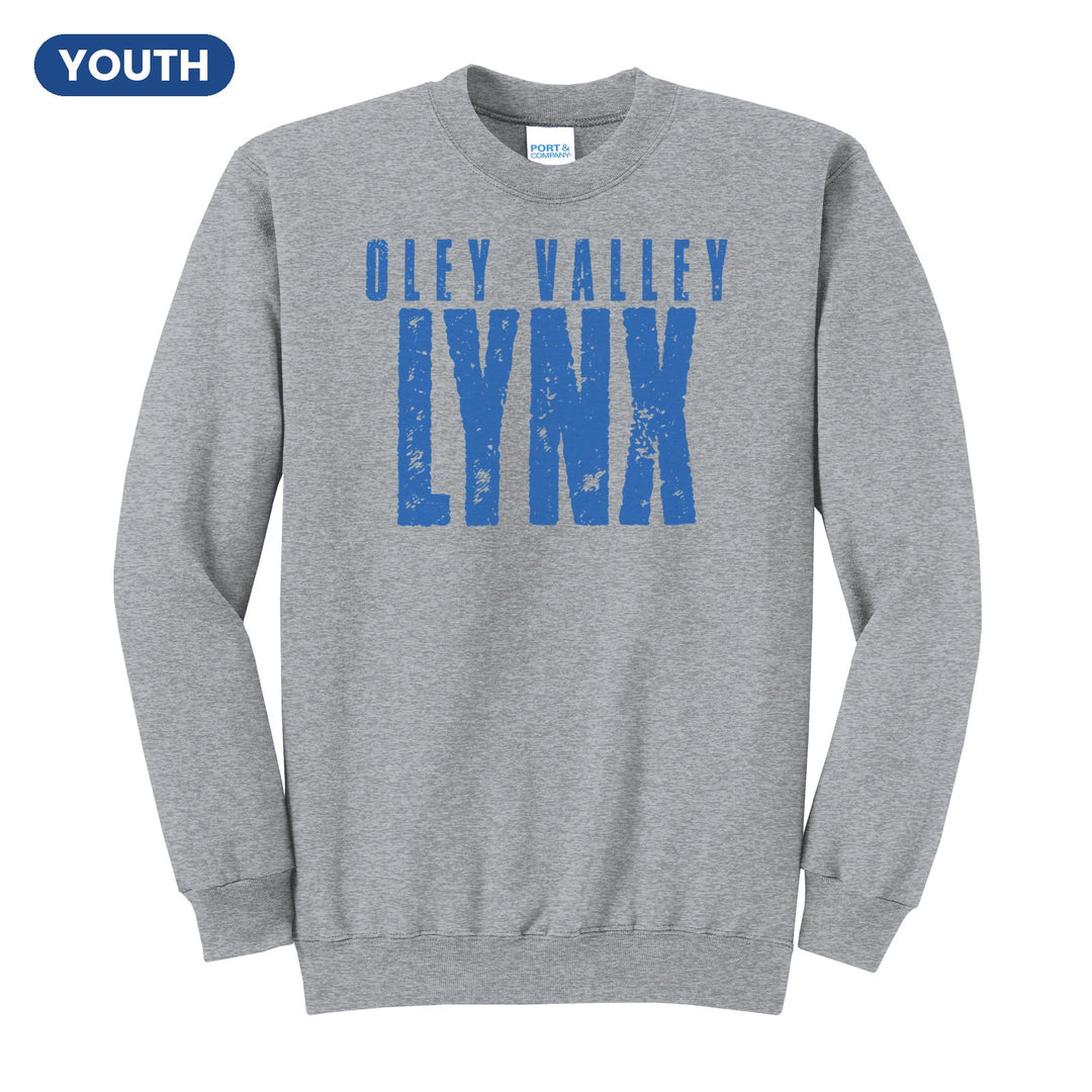 Oley Valley Lynx Distressed Block youth crewneck sweatshirt in Athletic Heather: OLEY VALLEY over tall, distressed LYNX lettering