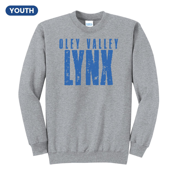Oley Valley Lynx Distressed Block youth crewneck sweatshirt in Athletic Heather: OLEY VALLEY over tall, distressed LYNX lettering