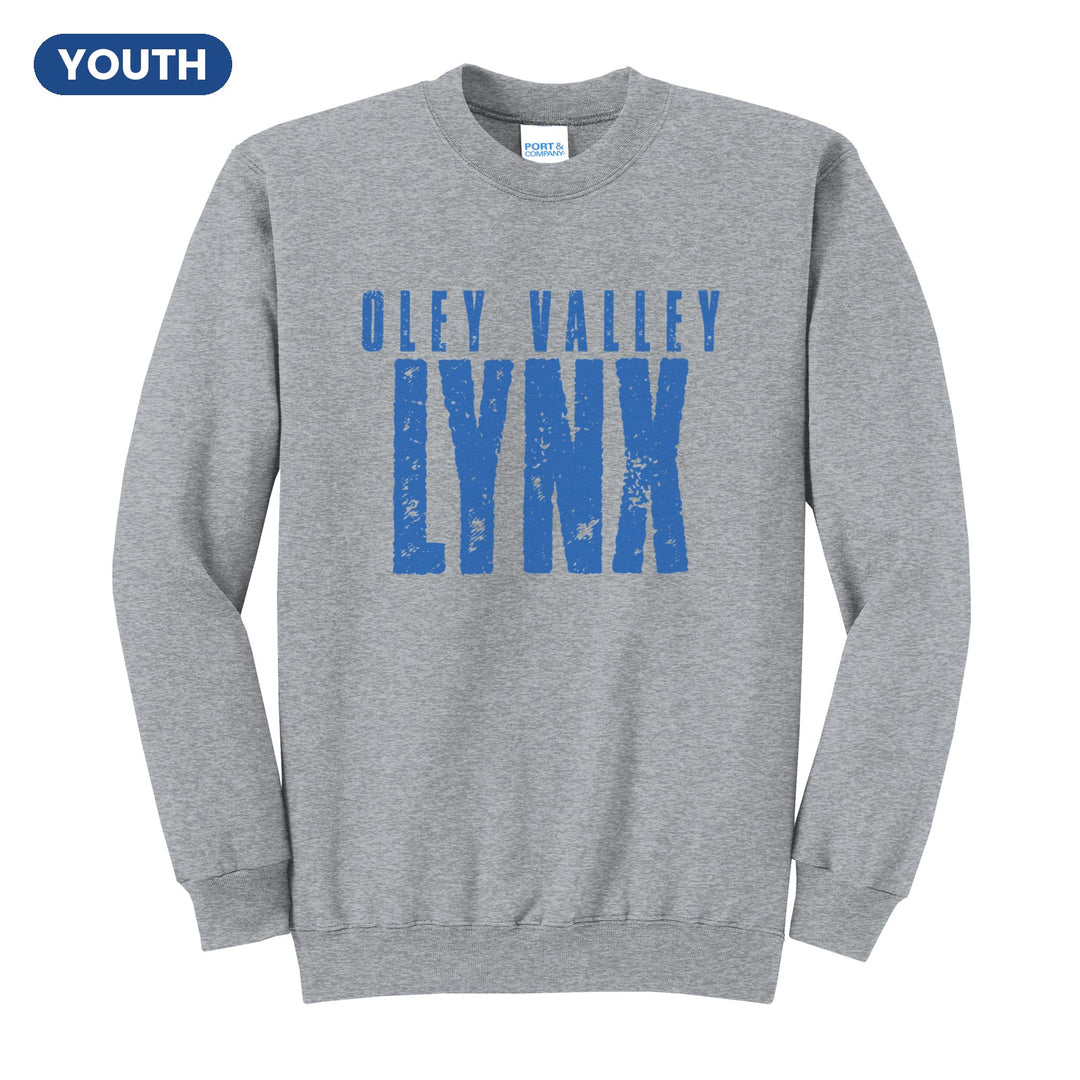 Oley Valley Lynx Distressed Block youth crewneck sweatshirt in Athletic Heather: OLEY VALLEY over tall, distressed LYNX lettering