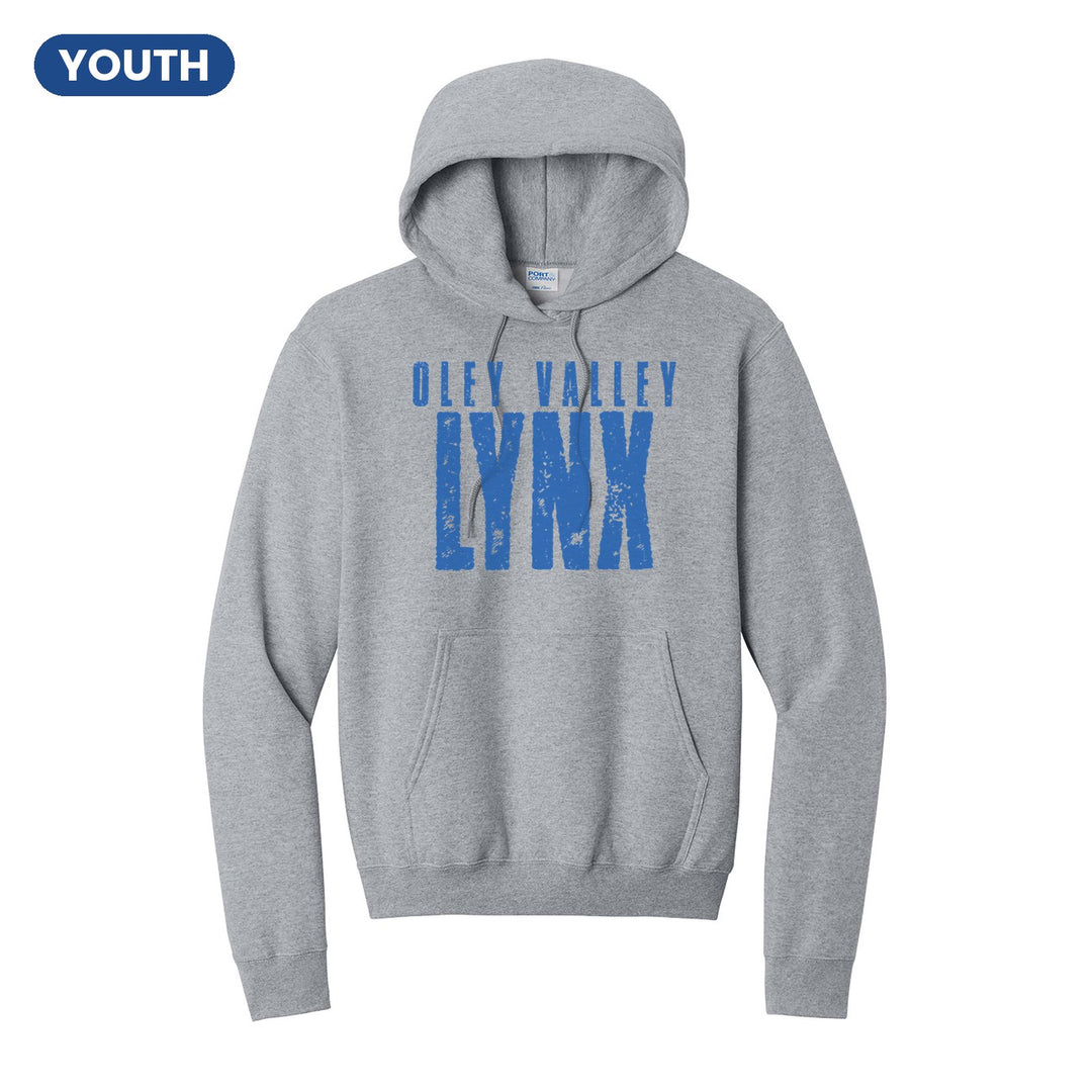 Oley Valley Lynx Distressed Block youth hoodie in Athletic Heather: OLEY VALLEY over tall, distressed LYNX lettering