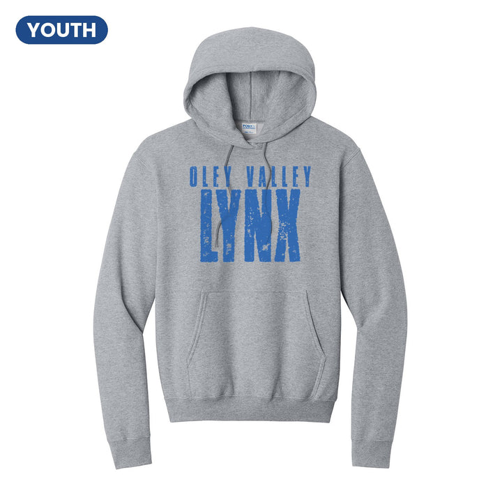 Oley Valley Lynx Distressed Block youth hoodie in Athletic Heather: OLEY VALLEY over tall, distressed LYNX lettering