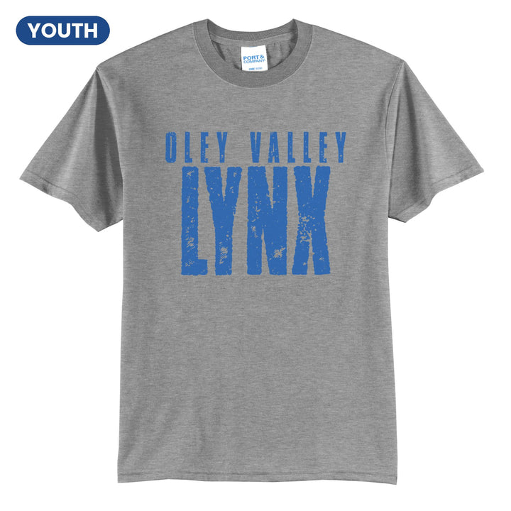 Oley Valley Lynx Distressed Block youth t-shirt in Athletic Heather: OLEY VALLEY over tall, distressed LYNX lettering
