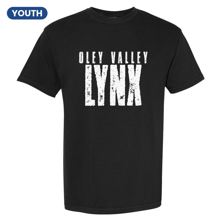 Oley Valley Lynx Distressed Block youth comfort colors t-shirt in Black: OLEY VALLEY over tall, distressed LYNX lettering